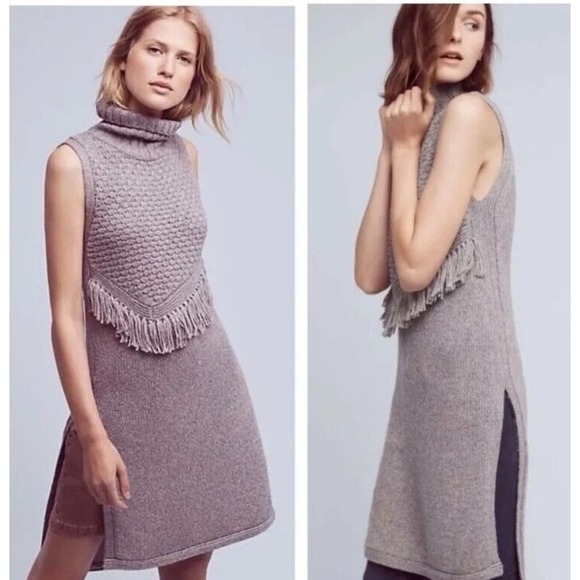 NOMAD by MORGAN CARPER Fringed Gray Sleeveless Tunic Sweater Dress TurtleNeck M - Picture 15 of 16